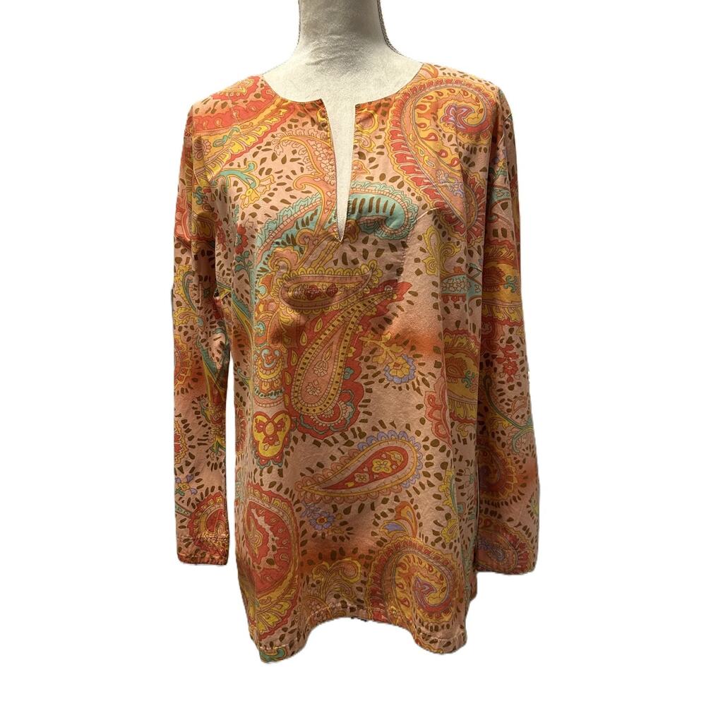 EUC Caroline Long LTD 100% Cotton Paisley Boho Peasant Split-Neck Tunic-Size 10 - Picture 1 of 10